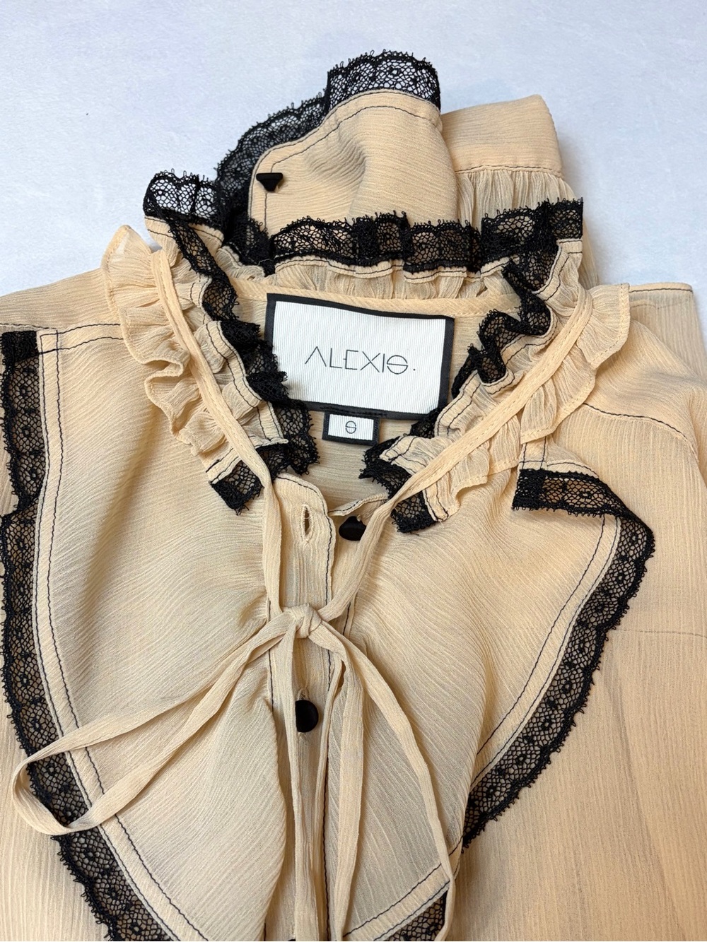 Alexis Ximena Sheer Ruffle Blouse, Black Lace Accents, sz S, EUC - Picture 8 of 12